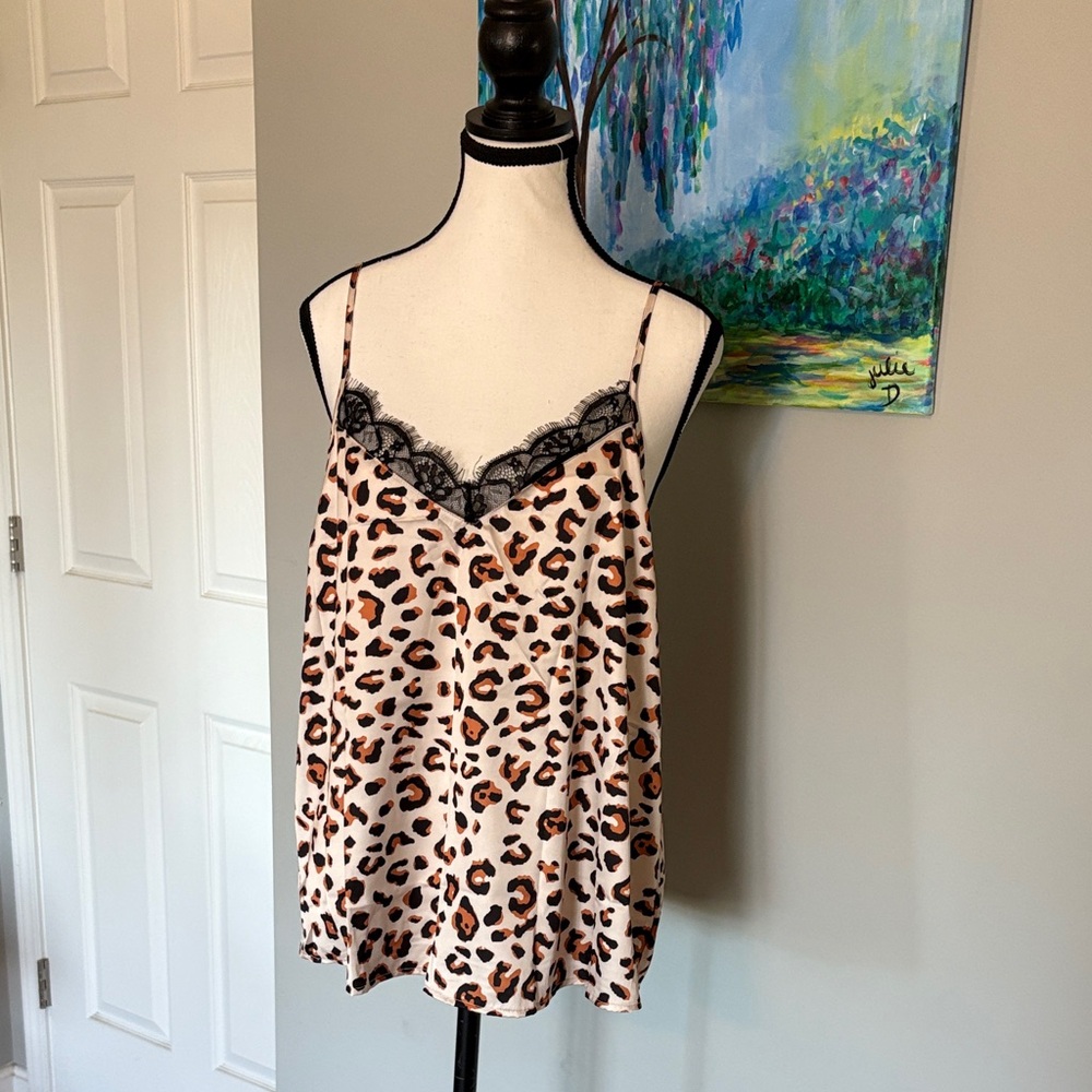 Leopard Print Lace-Trim Cami Tank - Pink/Brown